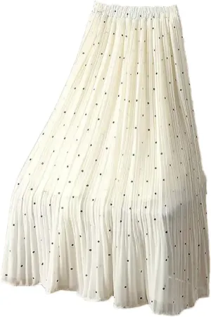 Women Dot Pleated Skirts Summer High Waist Midi Office Skirt High Street Elastic Waist Skirt