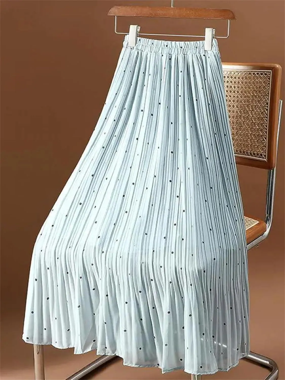 Women Dot Pleated Skirts Summer High Waist Midi Office Skirt High Street Elastic Waist Skirt