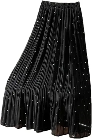 Women Dot Pleated Skirts Summer High Waist Midi Office Skirt High Street Elastic Waist Skirt