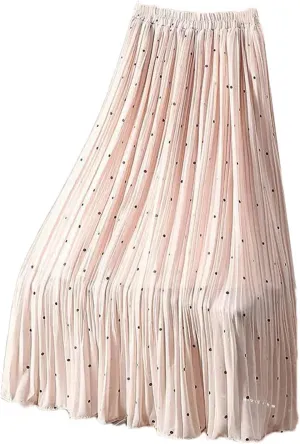 Women Dot Pleated Skirts Summer High Waist Midi Office Skirt High Street Elastic Waist Skirt
