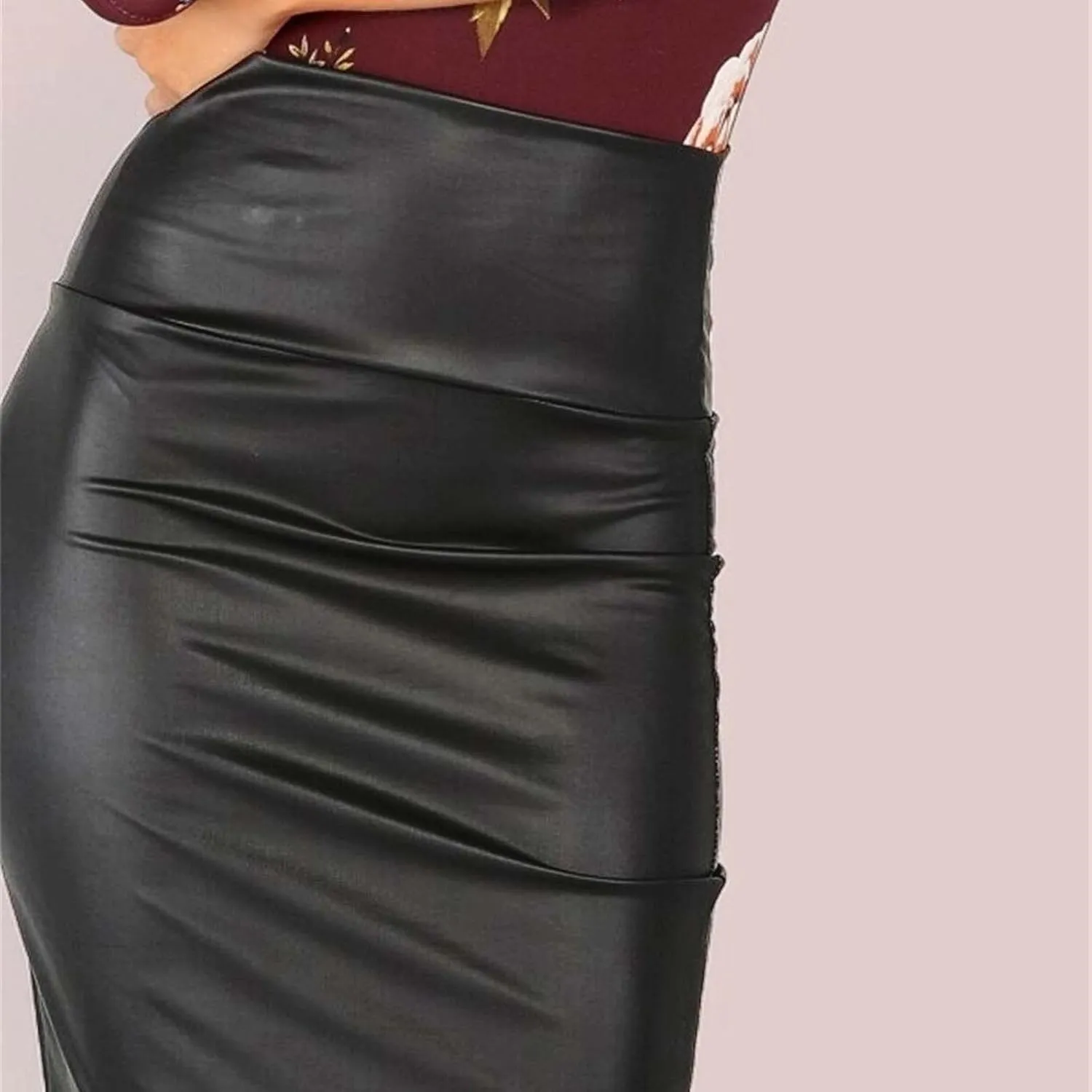 Women Faux PU Skirt High Waist Bodycon Midi Leather Skirt Office Work Mini Pencil Skirt Casual Slim Long Skirt