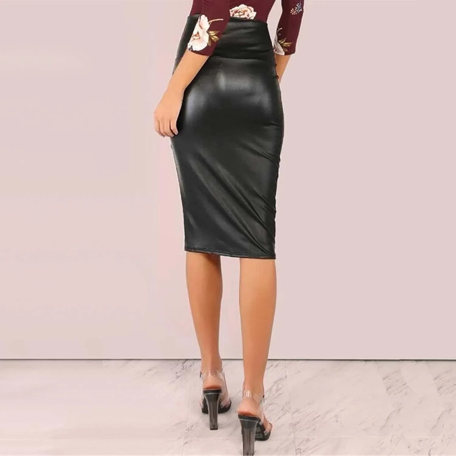 Women Faux PU Skirt High Waist Bodycon Midi Leather Skirt Office Work Mini Pencil Skirt Casual Slim Long Skirt