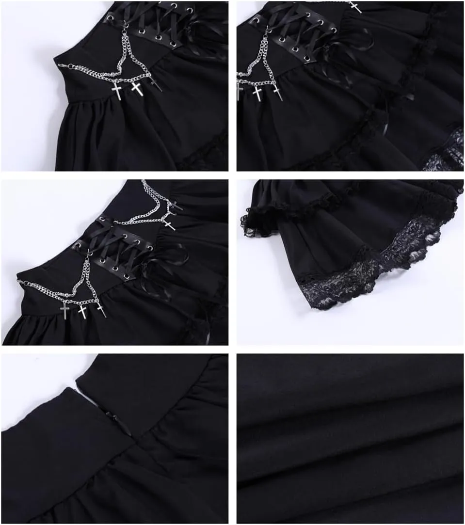 Women Gothic Mini Skirt Fairy Grunge Punk High Waisted A-Line Pleated Skirts Y2k E-Girl Long Maxi Skirt