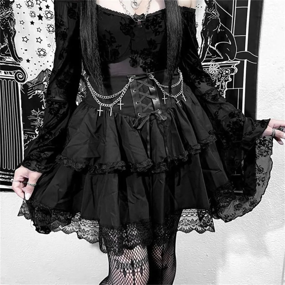 Women Gothic Mini Skirt Fairy Grunge Punk High Waisted A-Line Pleated Skirts Y2k E-Girl Long Maxi Skirt