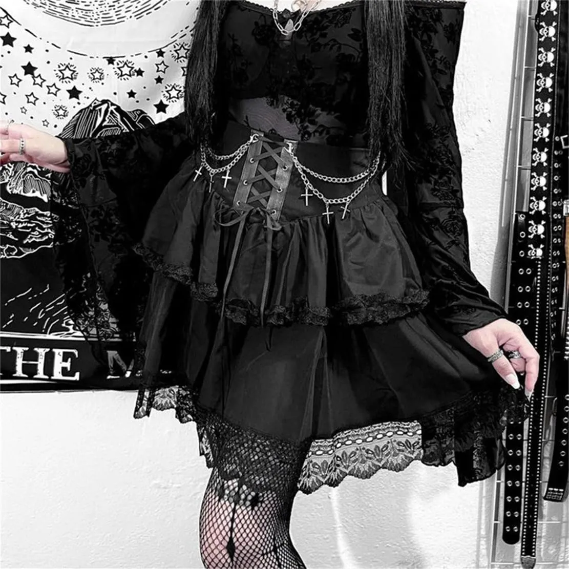 Women Gothic Mini Skirt Fairy Grunge Punk High Waisted A-Line Pleated Skirts Y2k E-Girl Long Maxi Skirt
