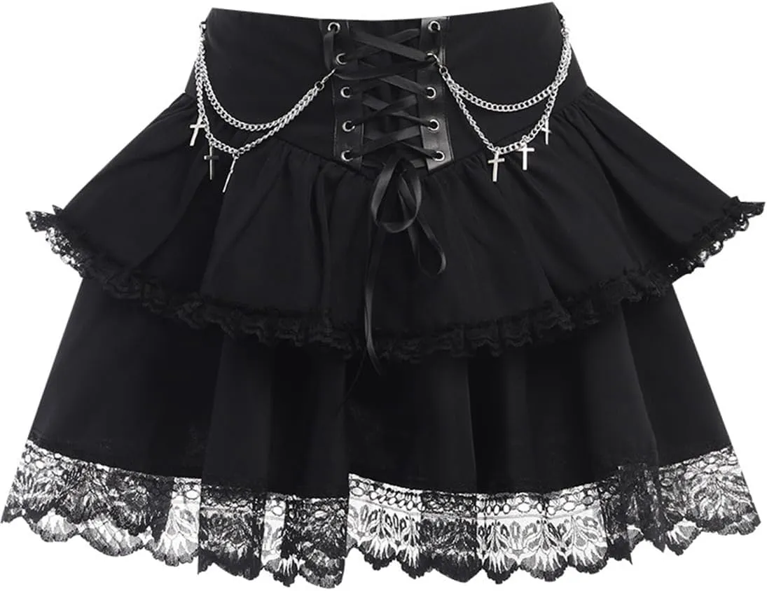 Women Gothic Mini Skirt Fairy Grunge Punk High Waisted A-Line Pleated Skirts Y2k E-Girl Long Maxi Skirt