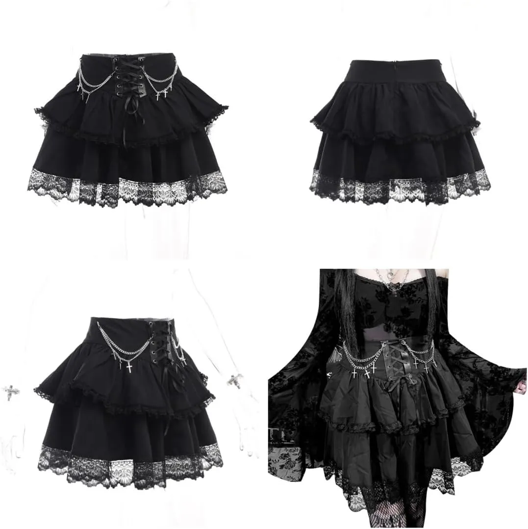 Women Gothic Mini Skirt Fairy Grunge Punk High Waisted A-Line Pleated Skirts Y2k E-Girl Long Maxi Skirt