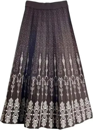 Women High Waist Knitted Midi Skirt A-Line Vintage Print Elegant Pleated Skirts