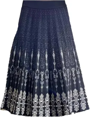 Women High Waist Knitted Midi Skirt A-Line Vintage Print Elegant Pleated Skirts