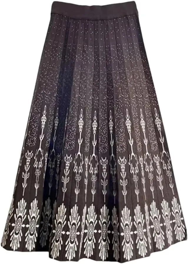 Women High Waist Knitted Midi Skirt A-Line Vintage Print Elegant Pleated Skirts