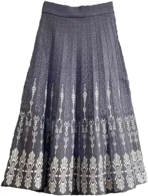 Women High Waist Knitted Midi Skirt A-Line Vintage Print Elegant Pleated Skirts
