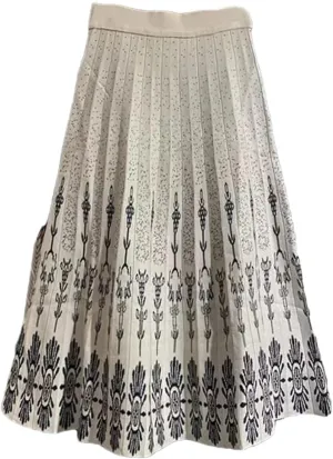 Women High Waist Knitted Midi Skirt A-Line Vintage Print Elegant Pleated Skirts