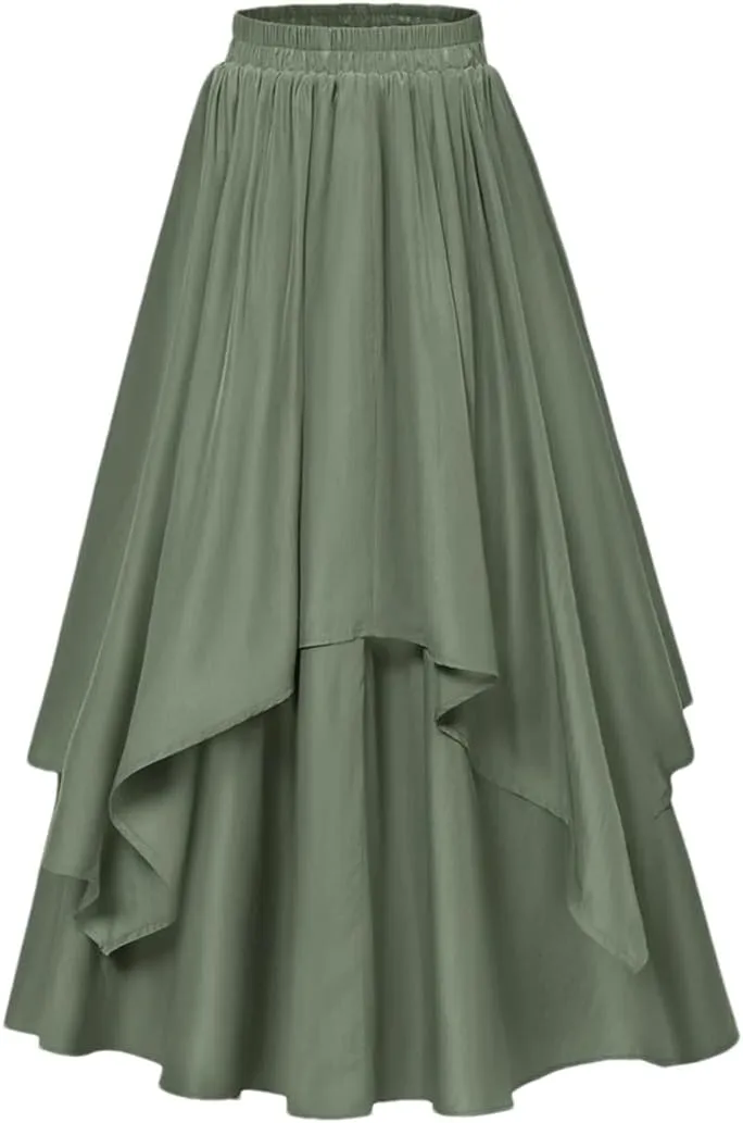 Women High Waisted Vintage Dual-Layer Long Swing Skirt Elastic Waist Loose A-Line Maxi Skirt