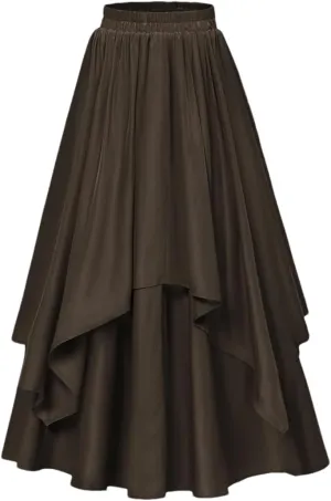 Women High Waisted Vintage Dual-Layer Long Swing Skirt Elastic Waist Loose A-Line Maxi Skirt