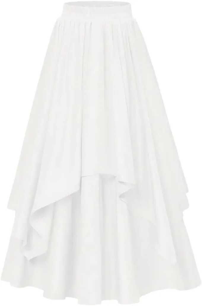 Women High Waisted Vintage Dual-Layer Long Swing Skirt Elastic Waist Loose A-Line Maxi Skirt
