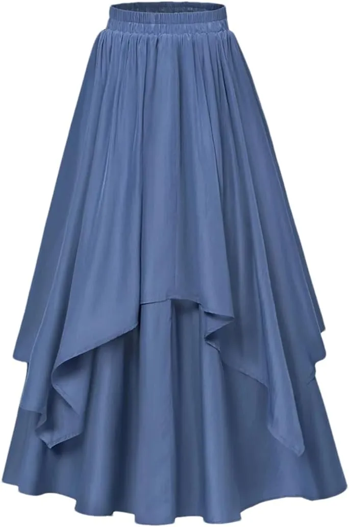 Women High Waisted Vintage Dual-Layer Long Swing Skirt Elastic Waist Loose A-Line Maxi Skirt