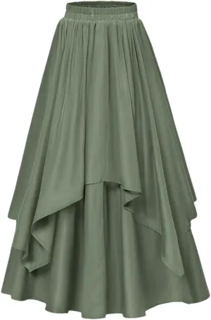 Women High Waisted Vintage Dual-Layer Long Swing Skirt Elastic Waist Loose A-Line Maxi Skirt