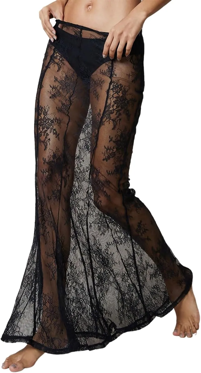 Women Lace Maxi Skirt Y2K See Through Floral Lace Long Skirt Sexy Elastic Waist Sheer Mesh Fishtail Skirt