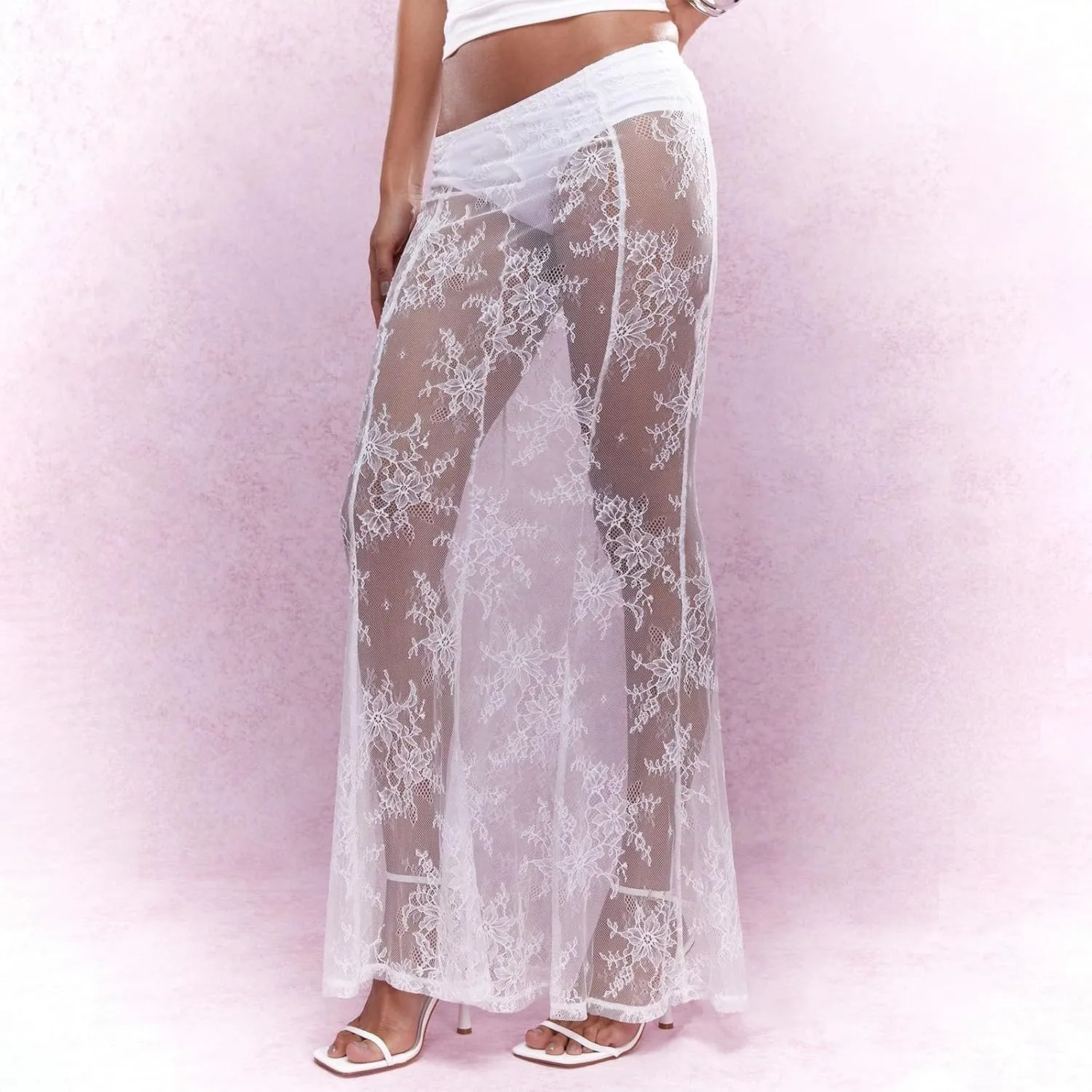 Women Lace Maxi Skirt Y2K See Through Floral Lace Long Skirt Sexy Elastic Waist Sheer Mesh Fishtail Skirt