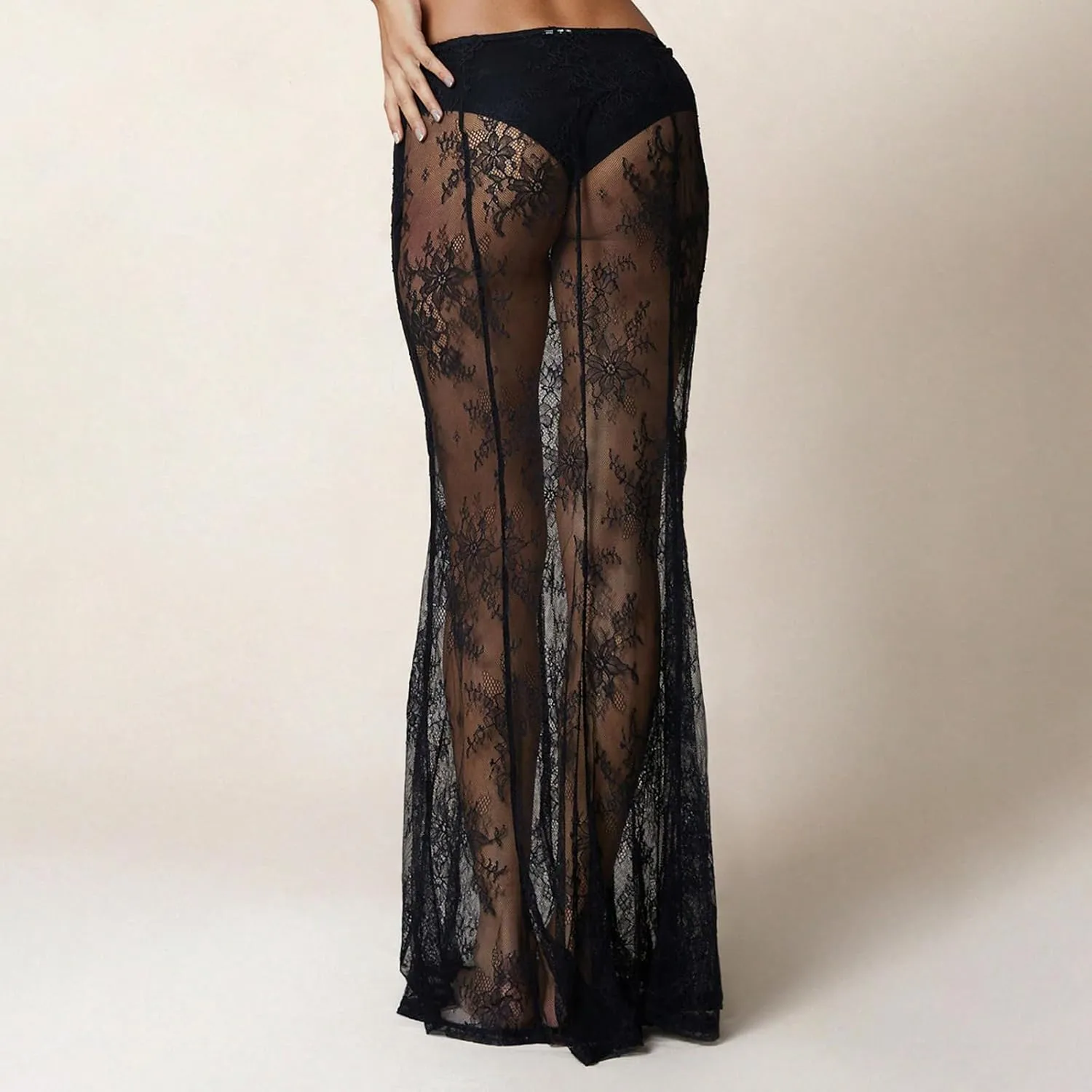 Women Lace Maxi Skirt Y2K See Through Floral Lace Long Skirt Sexy Elastic Waist Sheer Mesh Fishtail Skirt