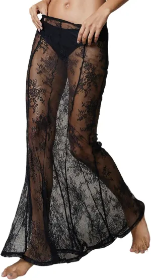 Women Lace Maxi Skirt Y2K See Through Floral Lace Long Skirt Sexy Elastic Waist Sheer Mesh Fishtail Skirt