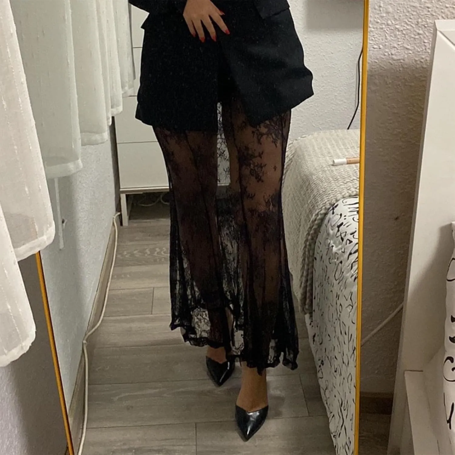 Women Lace Maxi Skirt Y2K See Through Floral Lace Long Skirt Sexy Elastic Waist Sheer Mesh Fishtail Skirt
