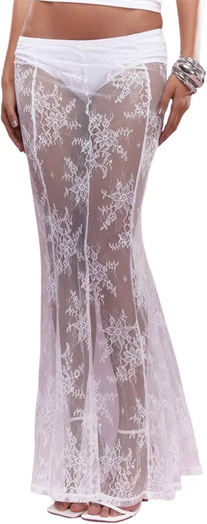 Women Lace Maxi Skirt Y2K See Through Floral Lace Long Skirt Sexy Elastic Waist Sheer Mesh Fishtail Skirt