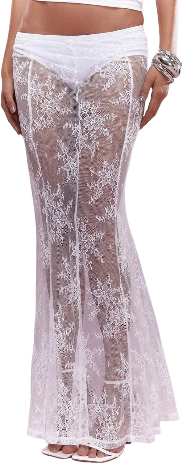 Women Lace Maxi Skirt Y2K See Through Floral Lace Long Skirt Sexy Elastic Waist Sheer Mesh Fishtail Skirt