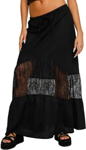 Women Lace Sheer Maxi Skirt Y2k High Waist Split Midi Skirt Sexy See Through Cover Up Long Skirt Beach Boho Clubwear
