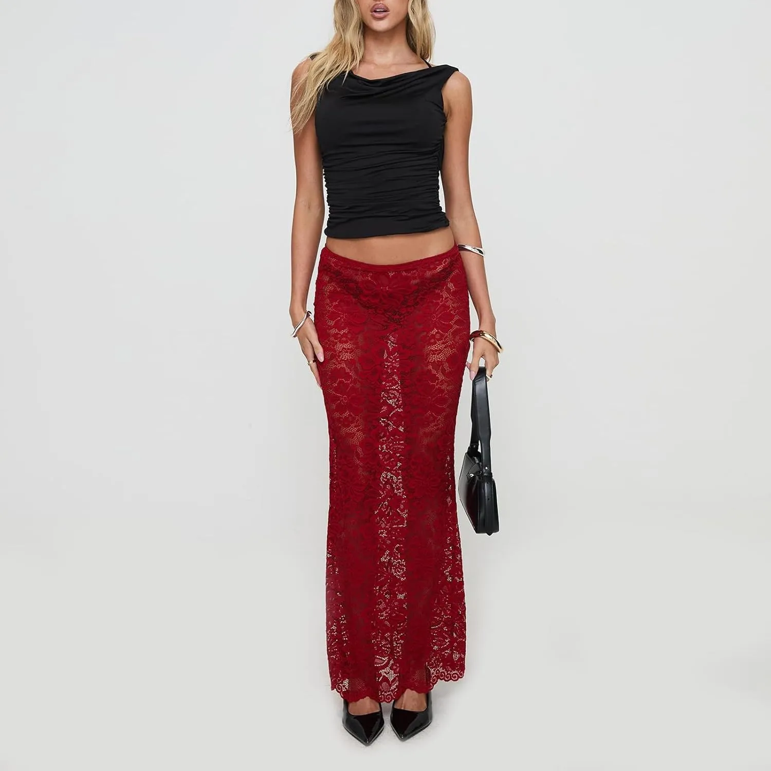 Women Lace Sheer Maxi Skirt Y2k High Waist Split Midi Skirt Sexy See Through Cover Up Long Skirt Beach Boho Clubwear