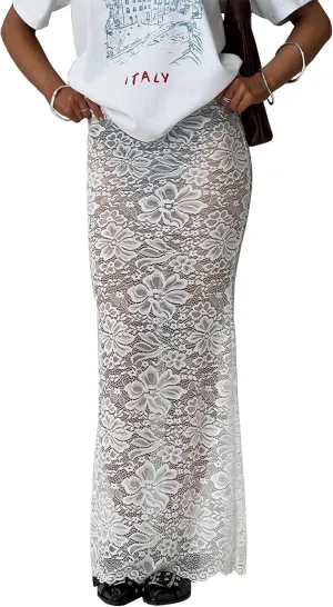 Women Lace Sheer Maxi Skirt Y2k High Waist Split Midi Skirt Sexy See Through Cover Up Long Skirt Beach Boho Clubwear
