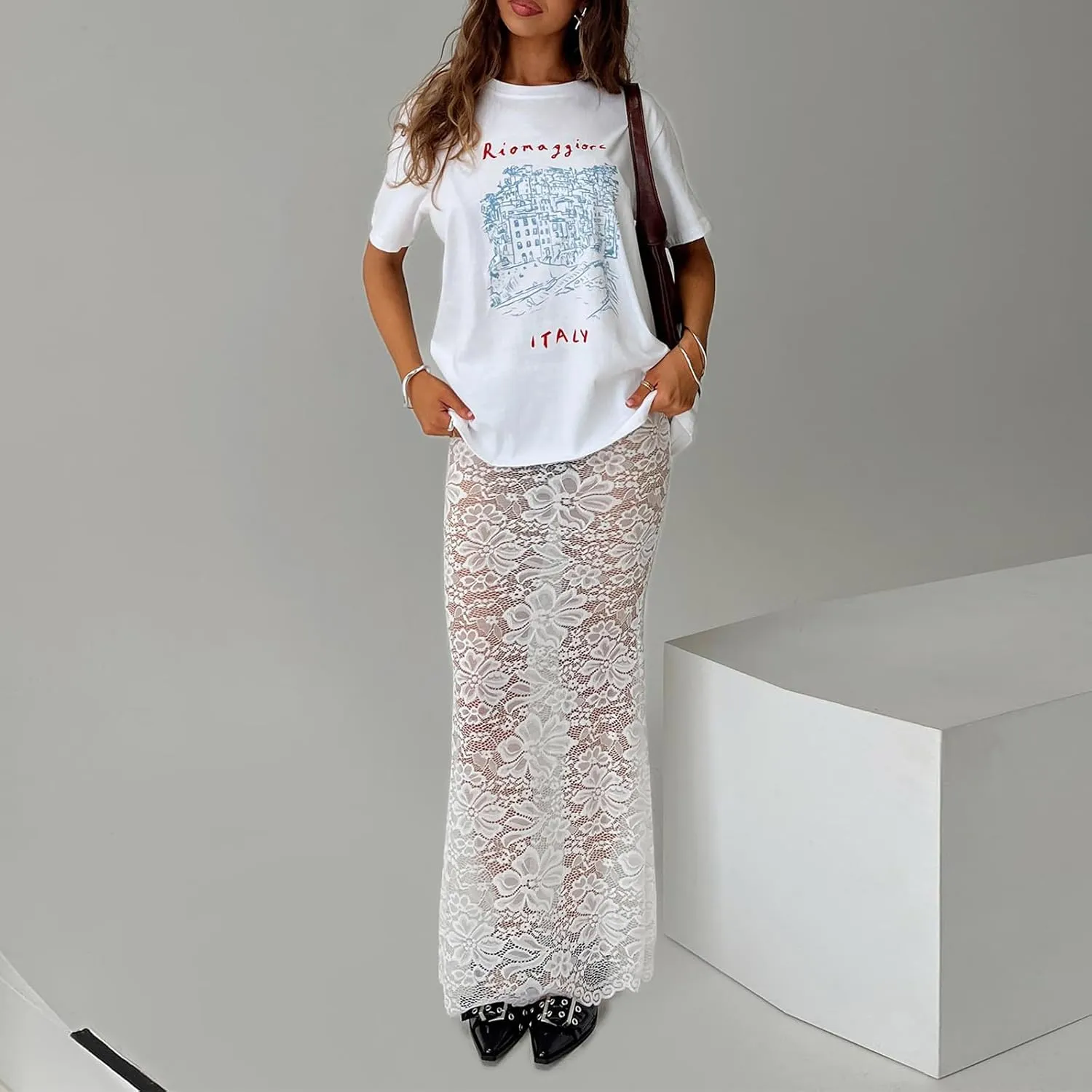 Women Lace Sheer Maxi Skirt Y2k High Waist Split Midi Skirt Sexy See Through Cover Up Long Skirt Beach Boho Clubwear