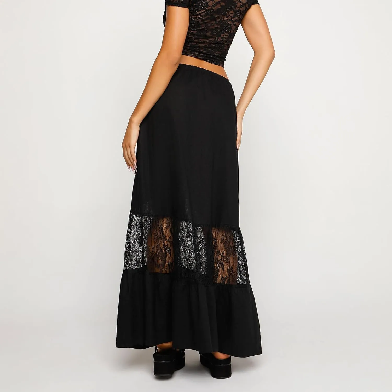 Women Lace Sheer Maxi Skirt Y2k High Waist Split Midi Skirt Sexy See Through Cover Up Long Skirt Beach Boho Clubwear