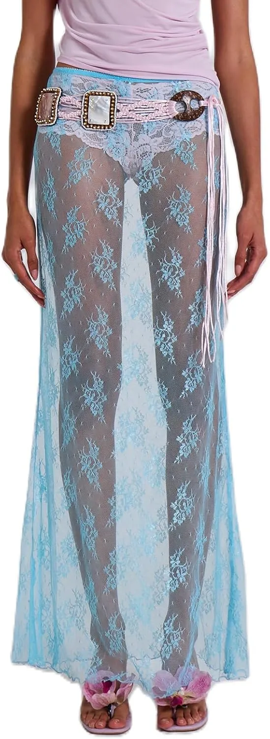 Women Lace Sheer Maxi Skirt Y2k High Waist Split Midi Skirt Sexy See Through Cover Up Long Skirt Beach Boho Clubwear