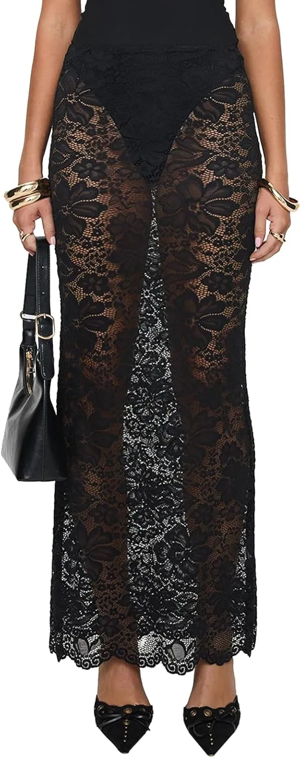 Women Lace Sheer Maxi Skirt Y2k High Waist Split Midi Skirt Sexy See Through Cover Up Long Skirt Beach Boho Clubwear