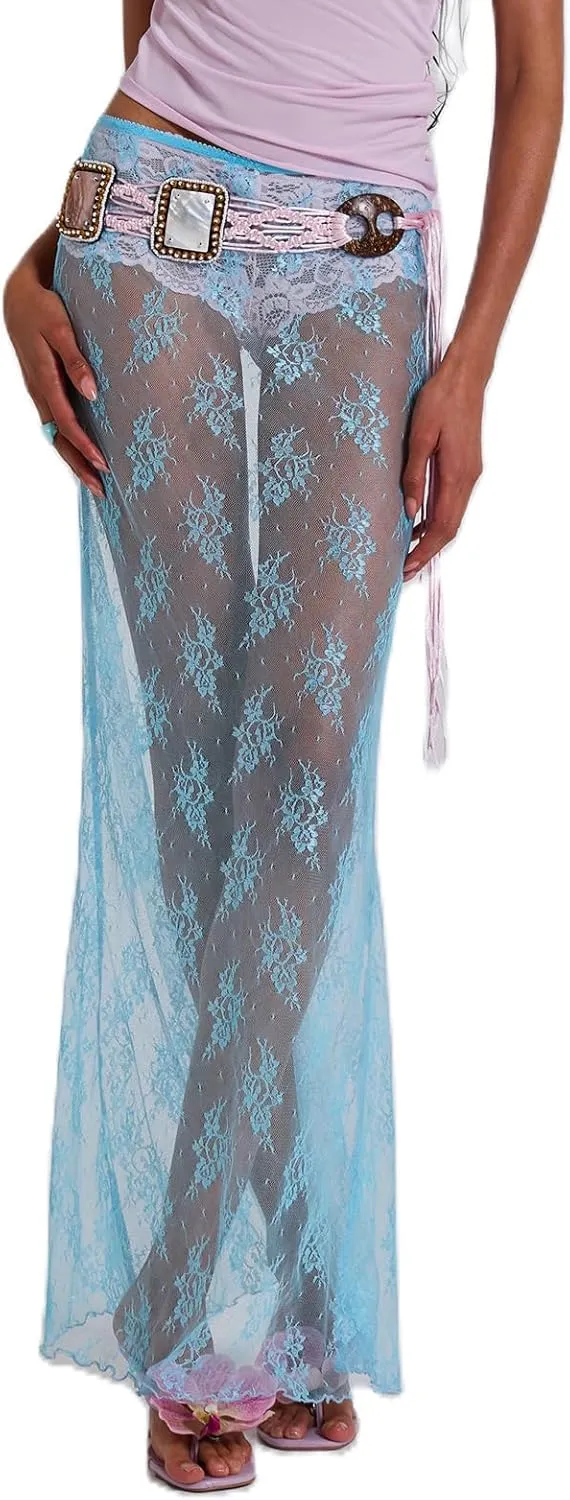 Women Lace Sheer Maxi Skirt Y2k High Waist Split Midi Skirt Sexy See Through Cover Up Long Skirt Beach Boho Clubwear