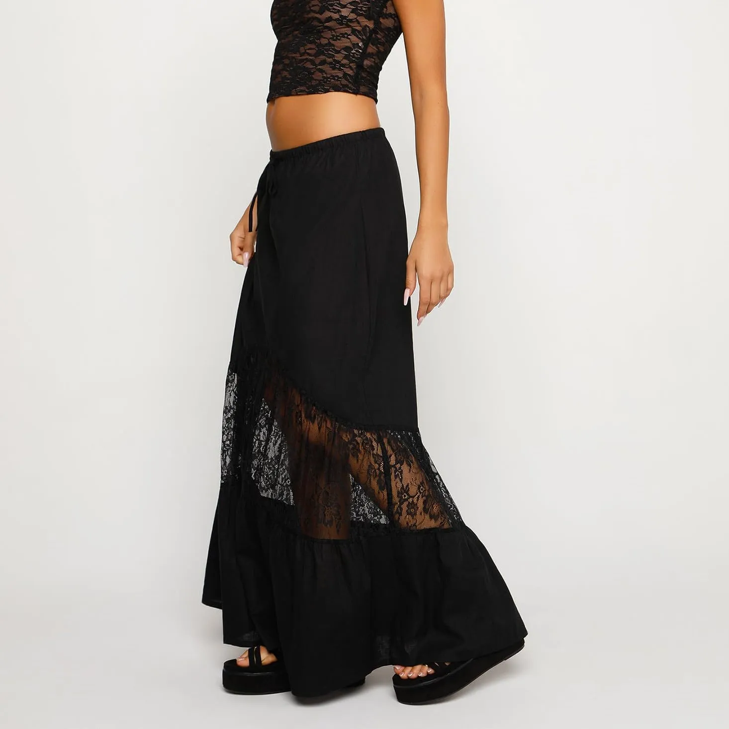 Women Lace Sheer Maxi Skirt Y2k High Waist Split Midi Skirt Sexy See Through Cover Up Long Skirt Beach Boho Clubwear