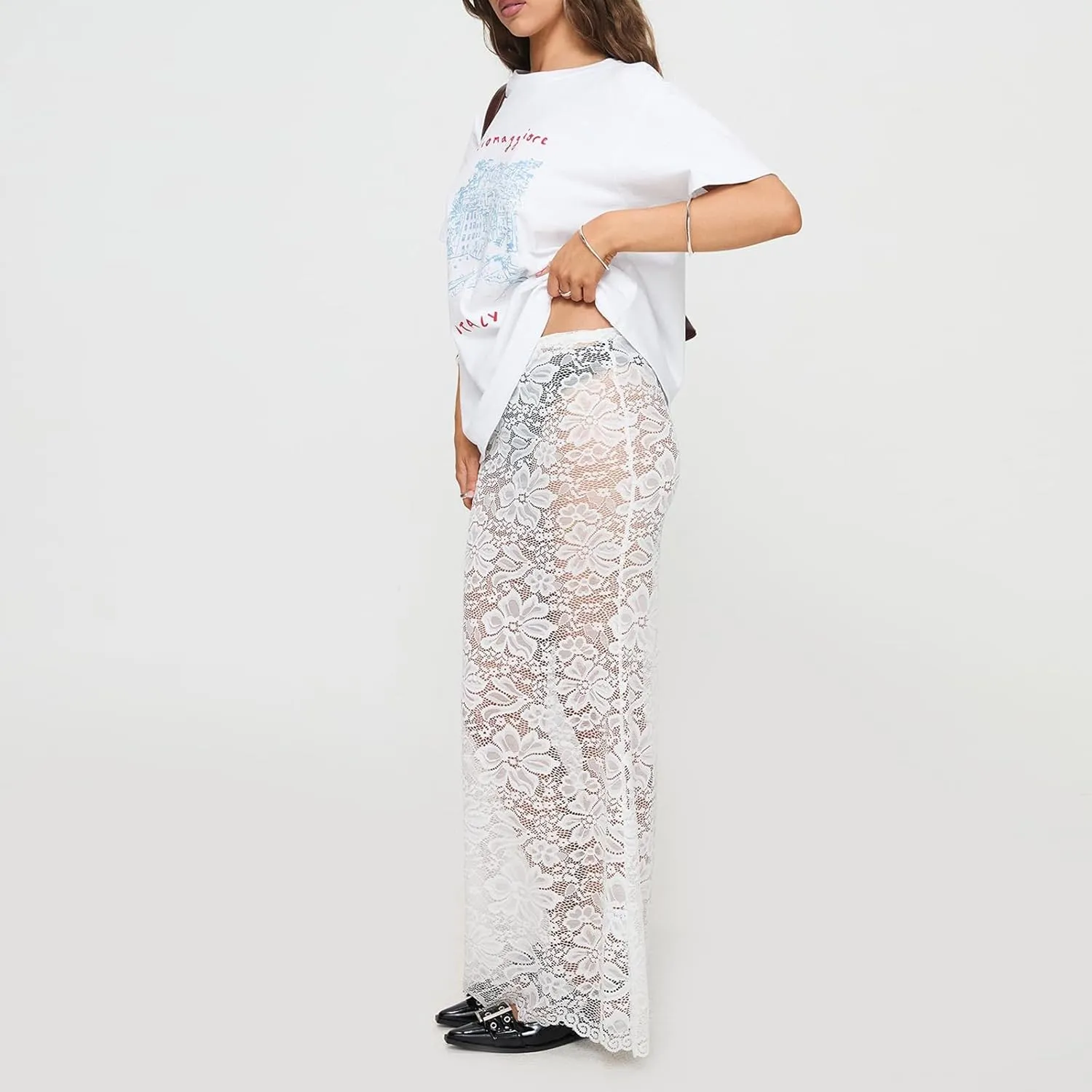 Women Lace Sheer Maxi Skirt Y2k High Waist Split Midi Skirt Sexy See Through Cover Up Long Skirt Beach Boho Clubwear