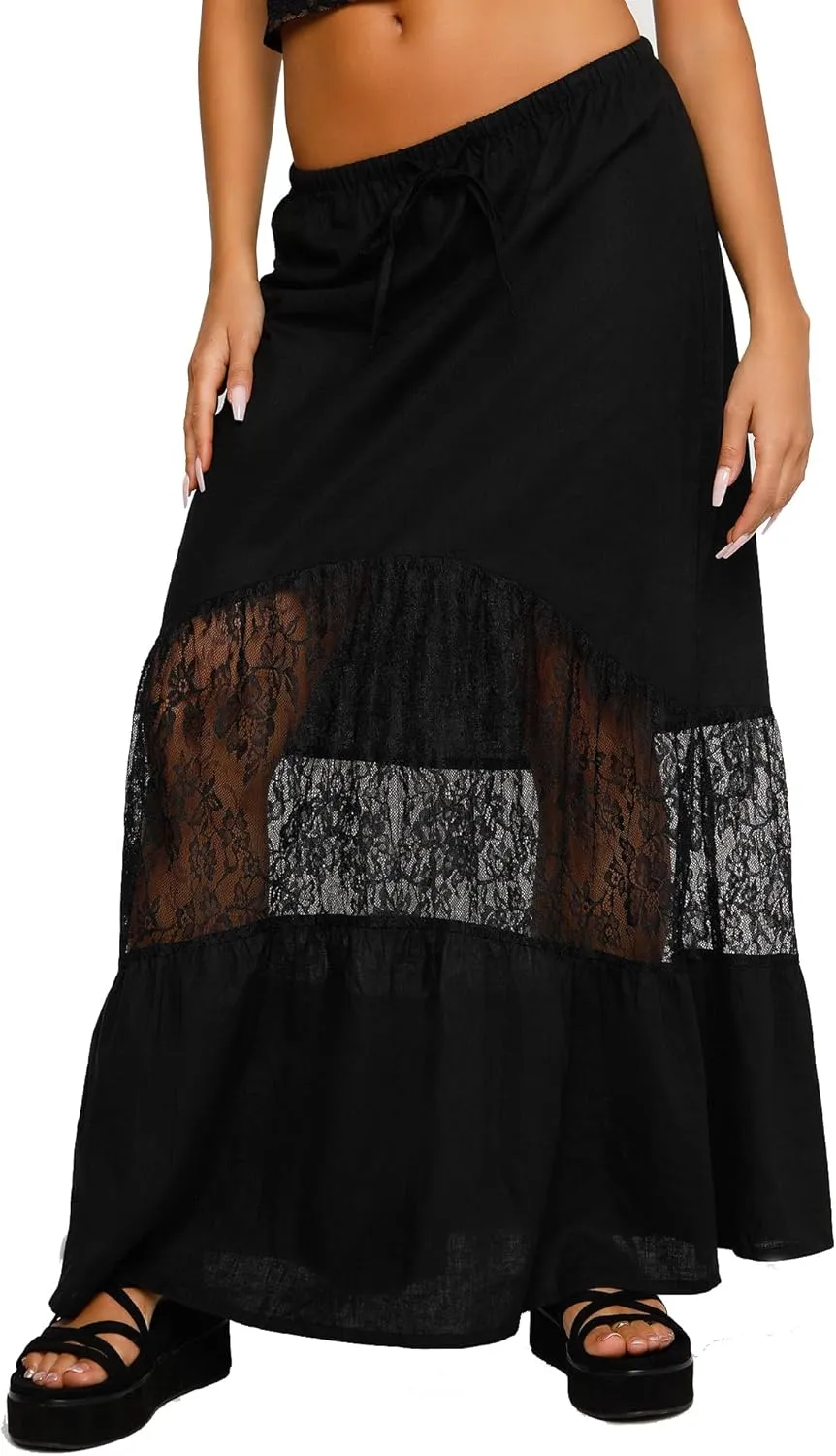 Women Lace Sheer Maxi Skirt Y2k High Waist Split Midi Skirt Sexy See Through Cover Up Long Skirt Beach Boho Clubwear