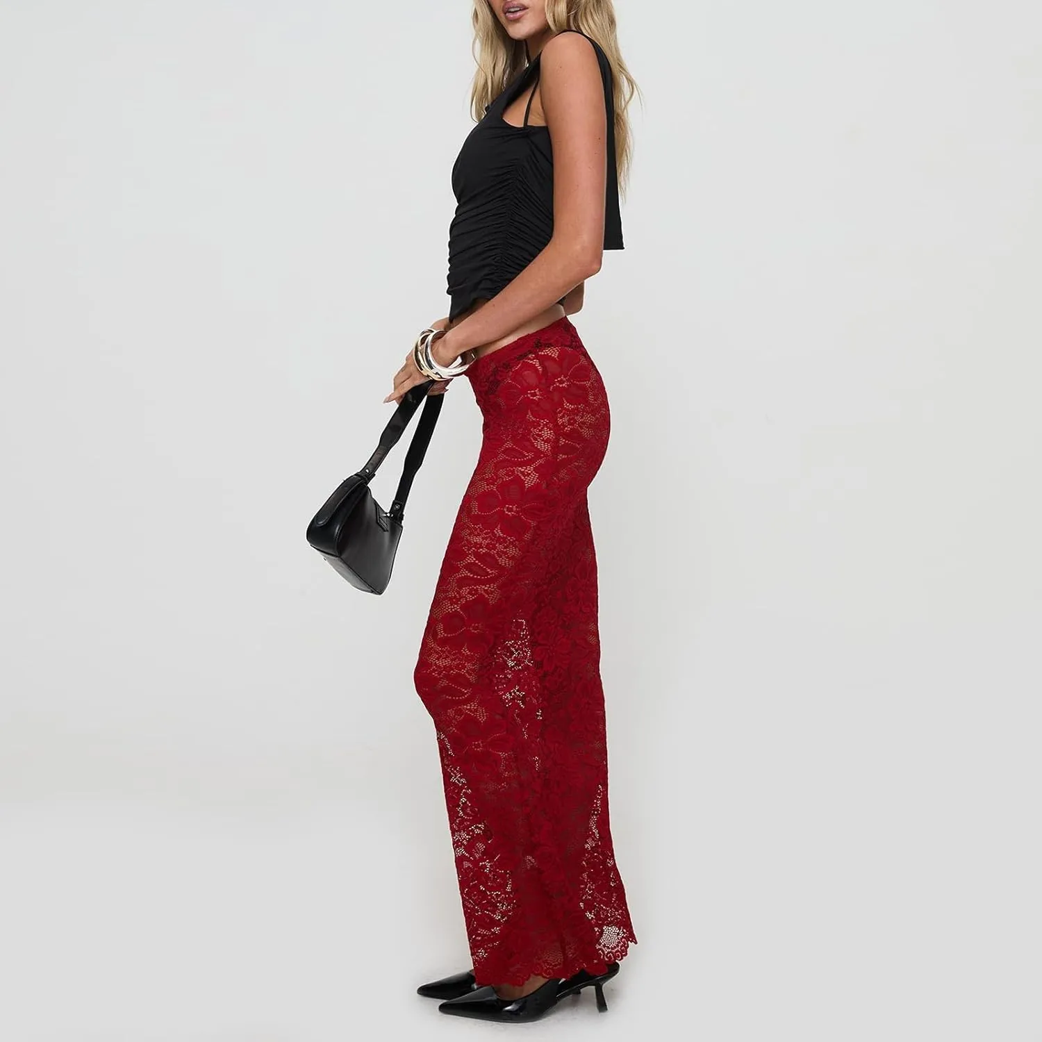 Women Lace Sheer Maxi Skirt Y2k High Waist Split Midi Skirt Sexy See Through Cover Up Long Skirt Beach Boho Clubwear