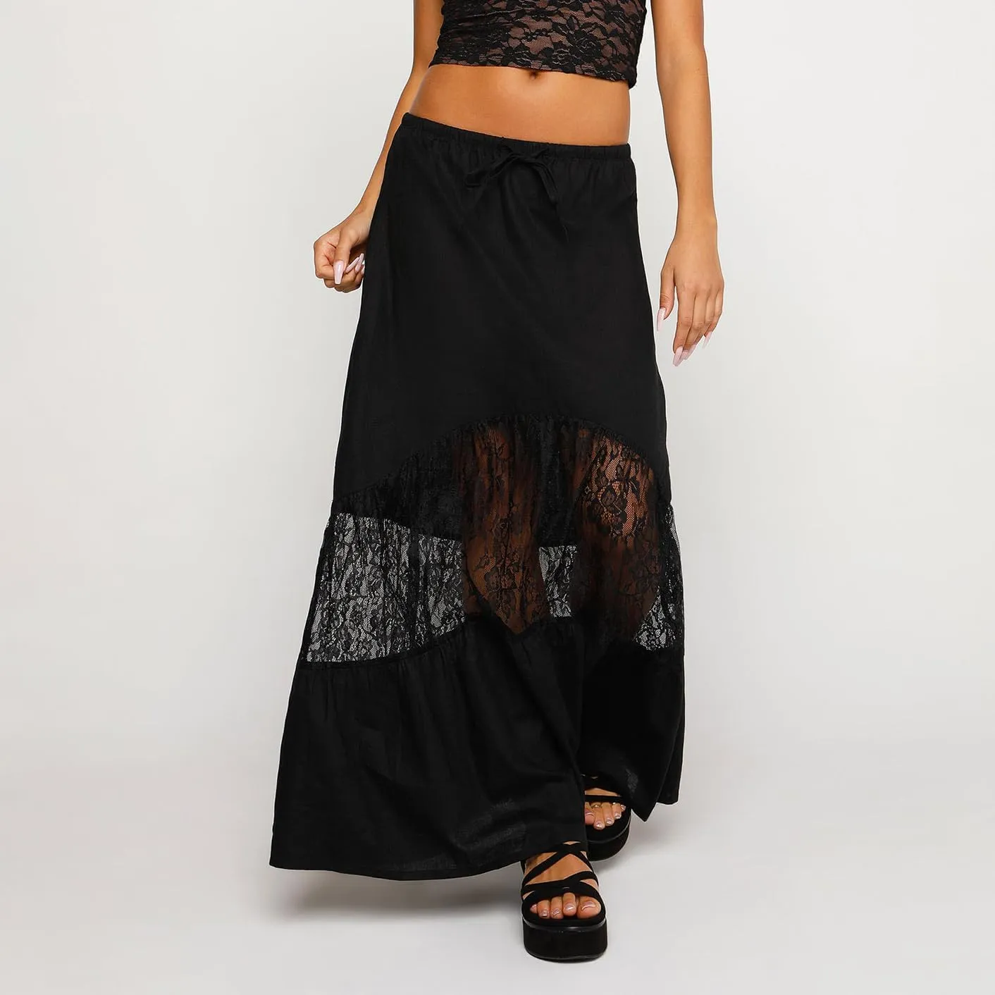 Women Lace Sheer Maxi Skirt Y2k High Waist Split Midi Skirt Sexy See Through Cover Up Long Skirt Beach Boho Clubwear