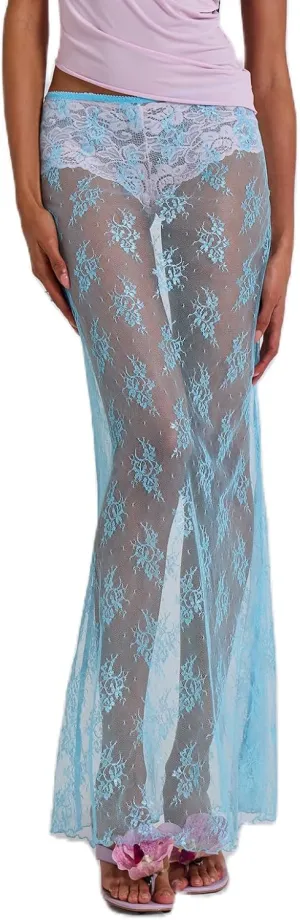 Women Lace Sheer Maxi Skirt Y2k High Waist Split Midi Skirt Sexy See Through Cover Up Long Skirt Beach Boho Clubwear