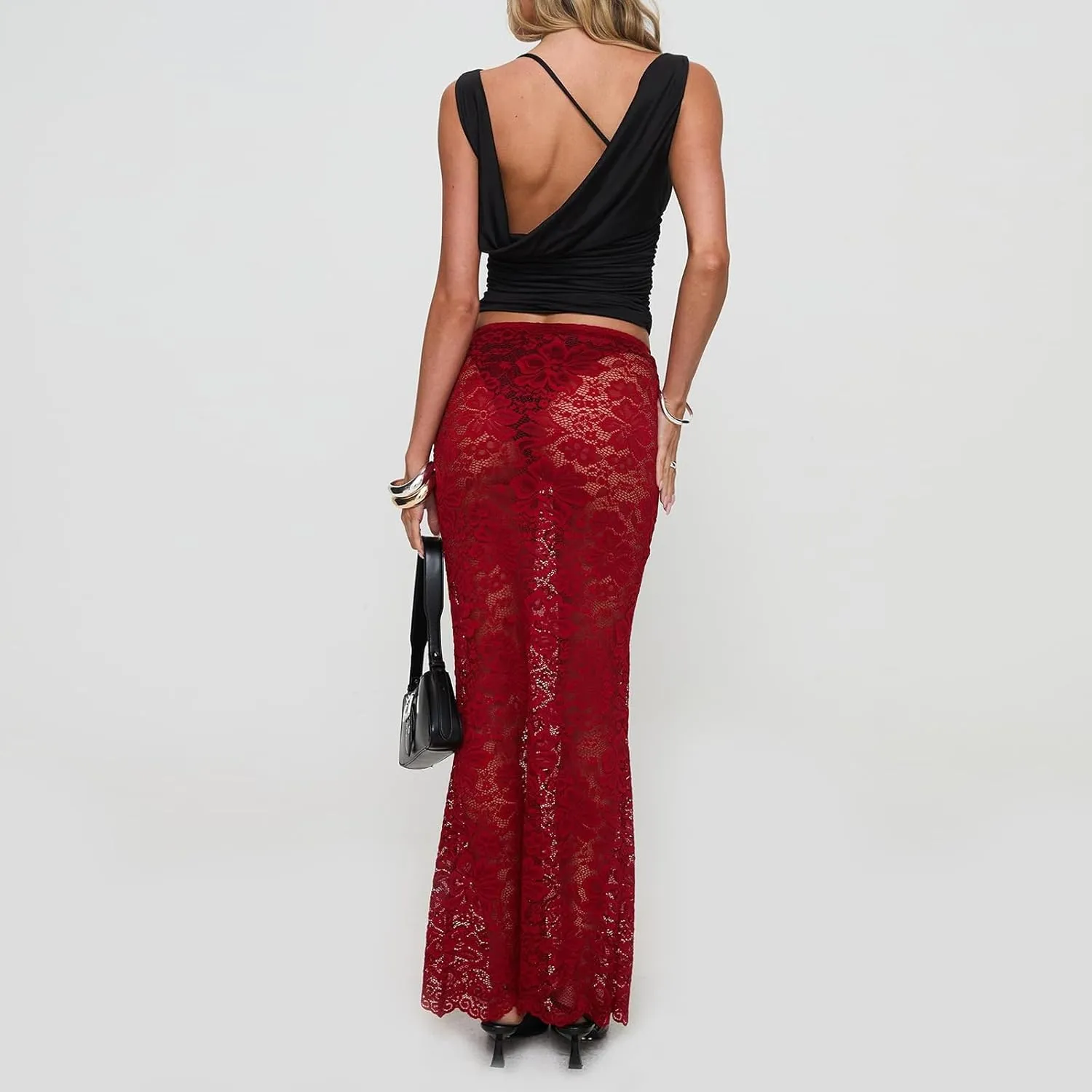 Women Lace Sheer Maxi Skirt Y2k High Waist Split Midi Skirt Sexy See Through Cover Up Long Skirt Beach Boho Clubwear