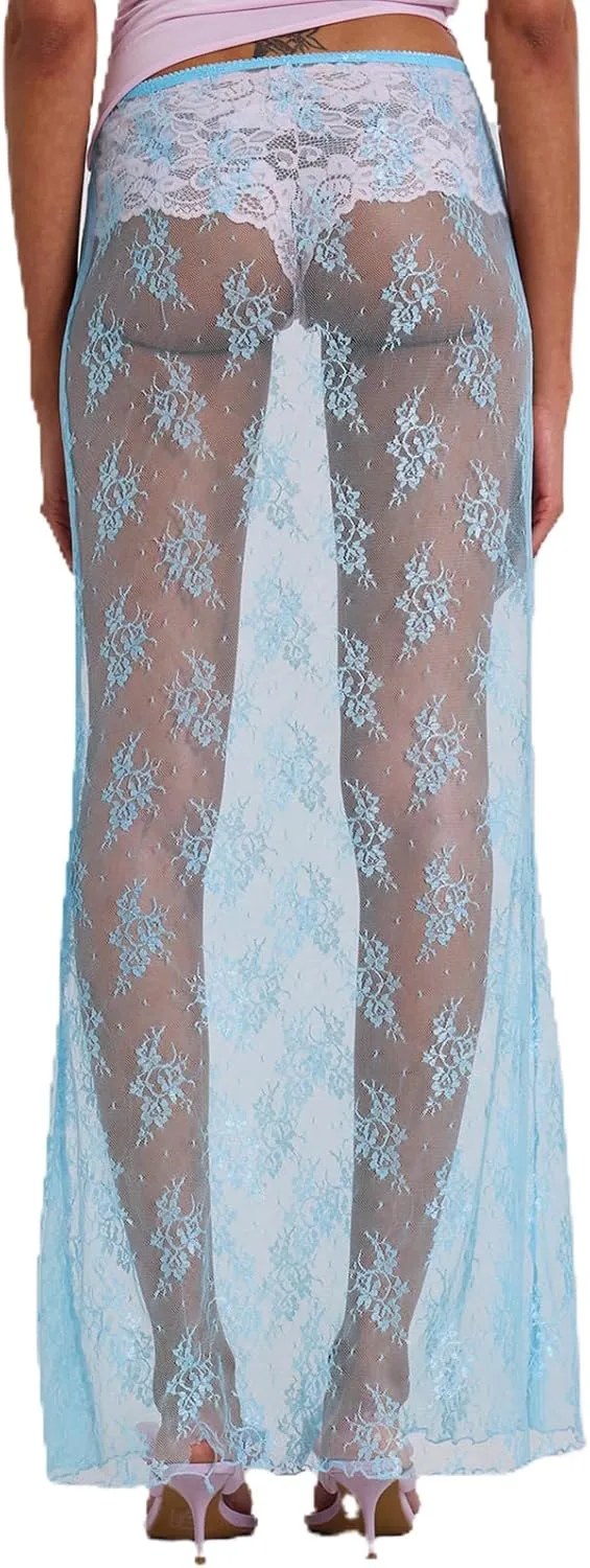 Women Lace Sheer Maxi Skirt Y2k High Waist Split Midi Skirt Sexy See Through Cover Up Long Skirt Beach Boho Clubwear
