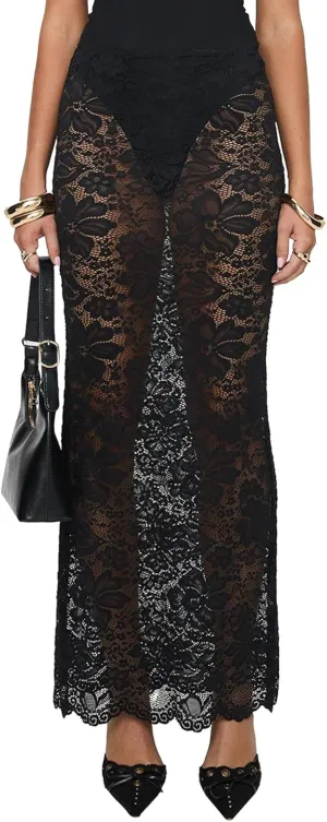 Women Lace Sheer Maxi Skirt Y2k High Waist Split Midi Skirt Sexy See Through Cover Up Long Skirt Beach Boho Clubwear