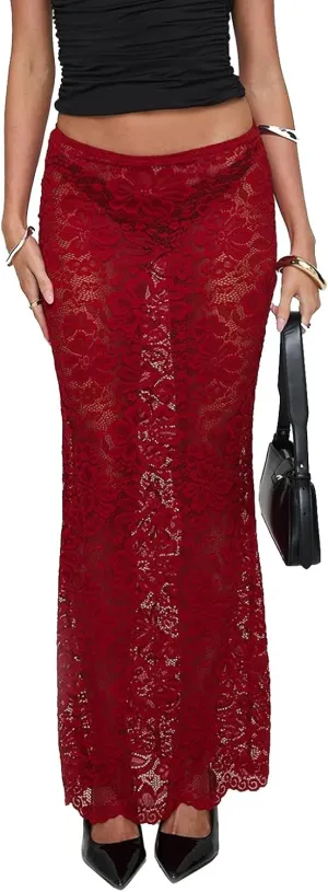 Women Lace Sheer Maxi Skirt Y2k High Waist Split Midi Skirt Sexy See Through Cover Up Long Skirt Beach Boho Clubwear