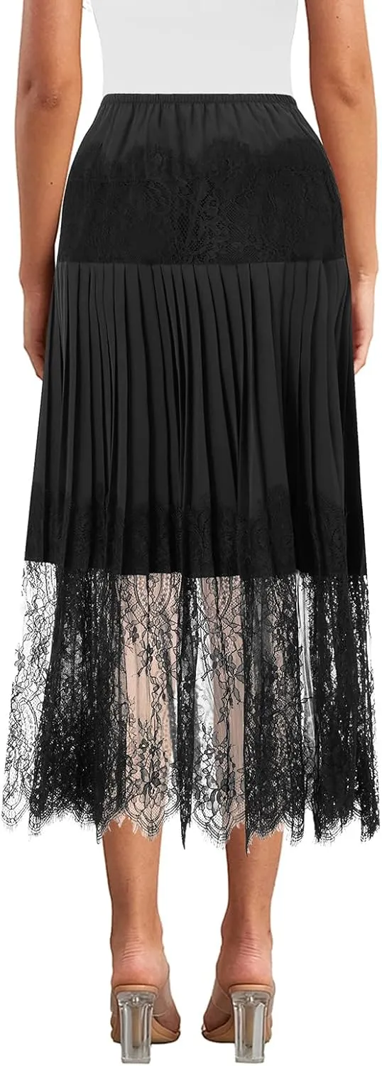 Women Lace Skirt Midi Length Skirts Ruffle Layered Tulle Patchwork Half Slip Pleated Flowy Skirt