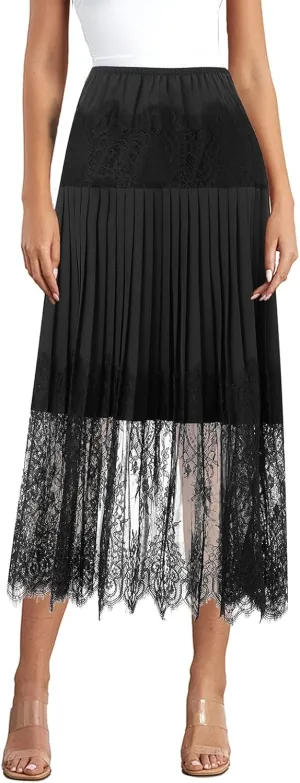 Women Lace Skirt Midi Length Skirts Ruffle Layered Tulle Patchwork Half Slip Pleated Flowy Skirt