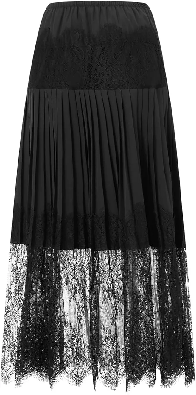 Women Lace Skirt Midi Length Skirts Ruffle Layered Tulle Patchwork Half Slip Pleated Flowy Skirt
