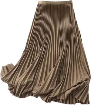 Women Long Pleated Skirts Elastic Band Fashion A Line Elegant Office Ladies Midi Skirt